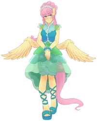 Size: 2350x2920 | Tagged: alternate hairstyle, ambiguous facial structure, anthro, artist:buryooooo, beautiful, butt wings, clothes, colored pupils, cute, derpibooru import, dress, feet, fluttershy, green isn't your color, modelshy, plantigrade anthro, safe, shoes, shyabetes, simple background, solo, spread wings, transparent background, wings