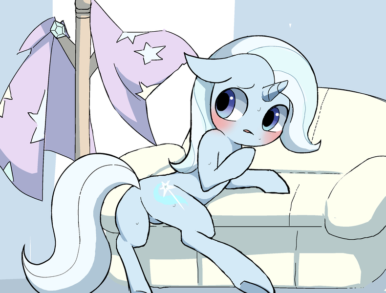 Size: 2632x2000 | Tagged: suggestive, artist:ccc, derpibooru import, trixie, pony, unicorn, cape, clothes, couch, hat, solo, trixie's cape, trixie's hat