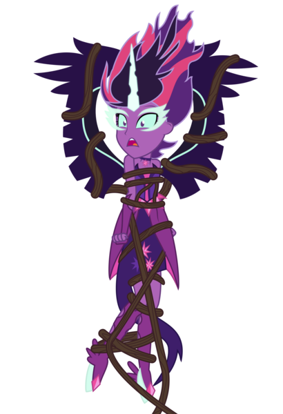 Size: 1500x2197 | Tagged: safe, artist:sketchmcreations, derpibooru import, sci-twi, twilight sparkle, equestria girls, legend of everfree, bondage, clothes, commission, i've seen enough hentai to know where this is going, midnight sparkle, open mouth, shocked, simple background, solo, transparent background, trapped, vector, vine