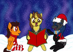 Size: 1280x914 | Tagged: safe, artist:darthxanatos501, derpibooru import, oc, unofficial characters only, changeling, pegasus, pony, unicorn, changeling oc, christmas, clothes, costume, facial hair, hat, hearth's warming eve, holiday, jacket, laughing, reading, santa costume, santa hat, scarf, snow, snowfall, socks, winter