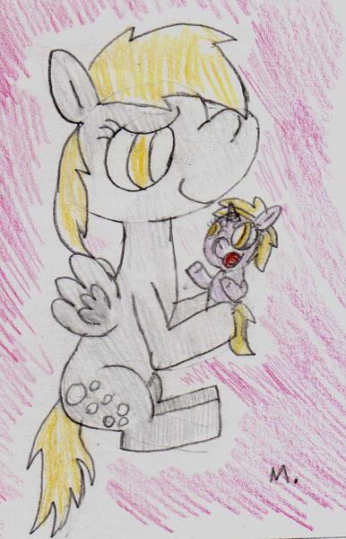 Size: 882x1372 | Tagged: safe, artist:ptitemouette, derpibooru import, derpy hooves, dinky hooves, pegasus, pony, baby, cute, equestria's best mother, female, mare, mother and child, mother and daughter, traditional art