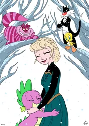 Size: 2480x3508 | Tagged: safe, artist:jowybean, derpibooru import, spike, dragon, alice in wonderland, cheshire cat, commission, context is for the weak, crossover, elsa, frozen (movie), hug, looney tunes, snow, sylvester, tweety bird