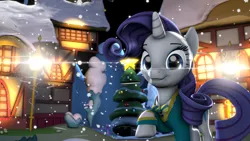 Size: 1280x720 | Tagged: 3d, artist:sugarcube-cake, bulb, christmas, christmas tree, clothes, derpibooru import, hearth's warming, holiday, lens flare, looking at you, raised hoof, rarity, safe, snow, solo, source filmmaker, tree