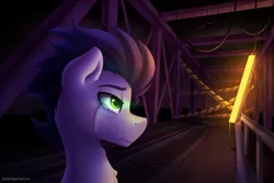 Size: 3000x2000 | Tagged: safe, artist:spirit-dude, derpibooru import, soarin', pony, caution tape, colored pupils, crying, glowing eyes, lidded eyes, lights, sad, solo, wires