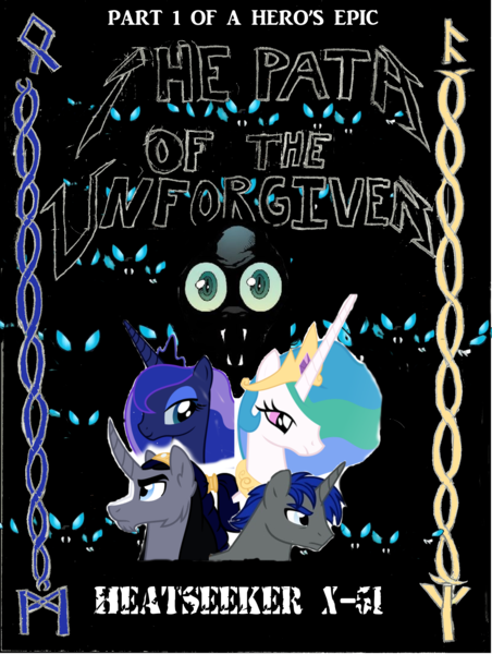 Size: 1808x2400 | Tagged: artist:rmc1618, changeling, derpibooru import, fanfic, fanficcover, oc, oc:aeclypse, oc:æclypse, oc:wanderlust, pathoftheunforgiven, princess celestia, princess luna, queen chrysalis, safe, story cover, unforgiven, unforgivensaga