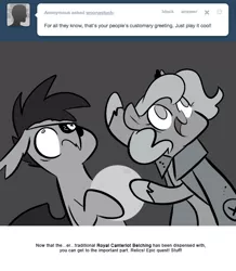 Size: 666x763 | Tagged: safe, artist:egophiliac, derpibooru import, princess luna, oc, oc:sunshine smiles (egophiliac), bat pony, pony, moonstuck, cartographer's cloak, eyepatch, female, filly, floppy ears, grayscale, lunar stone, monochrome, woona, younger