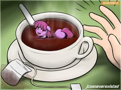 Size: 650x487 | Tagged: safe, artist:jcosneverexisted, derpibooru import, berry punch, berryshine, earth pony, human, pony, blushing, cup, cup of pony, drunk, food, go home you're drunk, hand, hot, looking at you, micro, patreon, solo focus, surprised, tea, tiny, tiny ponies