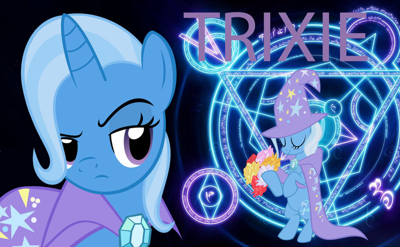 Size: 1082x670 | Tagged: safe, artist:enigmamystere, derpibooru import, trixie, pony, bipedal, cape, clothes, eyes closed, flower, hat, raised eyebrow, smiling, solo, trixie's cape, trixie's hat, wallpaper