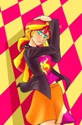 Size: 1440x2200 | Tagged: safe, artist:imskull, derpibooru import, sunset shimmer, equestria girls, clothes, human coloration, jacket, jojo pose, jojo's bizarre adventure, leather jacket, midriff, skirt, solo