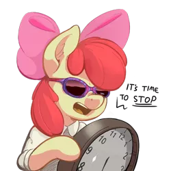 Size: 750x750 | Tagged: safe, artist:zapplebow, derpibooru import, apple bloom, earth pony, pony, bipedal, clock, clothes, dank memes, ear fluff, female, filly, filthy frank, hoof hold, it's time to stop, meme, open mouth, parody, reaction image, simple background, solo, sunglasses, transparent background