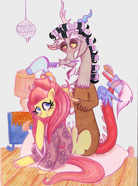 Size: 1241x1668 | Tagged: safe, artist:praysforaprankster, derpibooru import, discord, fluttershy, alternate hairstyle, clothes, discoshy, female, hair curlers, hair dryer, kimono (clothing), lamp, male, pillow, shipping, straight