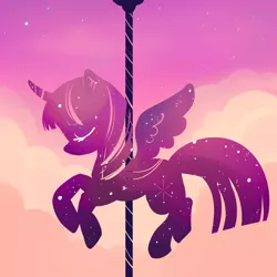 Size: 2000x2000 | Tagged: safe, artist:puffpink, derpibooru import, twilight sparkle, twilight sparkle (alicorn), alicorn, pony, carousel, cloud, eyes closed, raised hoof, solo, spread wings, stars, wings