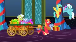 Size: 1280x704 | Tagged: safe, derpibooru import, edit, edited screencap, screencap, big macintosh, granny smith, high note, sunshower raindrops, earth pony, pegasus, pony, a hearth's warming tail, background pony, cart, castle, female, gift giving, male, mare, present, stallion, twilight's castle