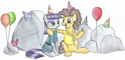 Size: 1017x488 | Tagged: safe, artist:islamilenaria, derpibooru import, boulder (pet), cheese sandwich, maud pie, earth pony, pony, balloon, clothes, crack shipping, cropped, dress, female, hat, male, maudwich, party hat, rock, shipping, sitting, straight, traditional art