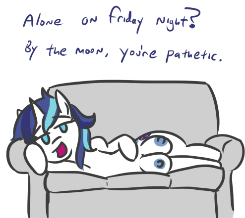 Size: 494x441 | Tagged: questionable, artist:jargon scott, derpibooru import, edit, shining armor, pony, unicorn, alone on a friday night? god you're pathetic, big crotchboobs, couch, crotchboobs, dialogue, erect nipples, female, friday night, gleaming shield, huge crotchboobs, impossibly large crotchboobs, looking at you, lying down, nipples, nudity, open mouth, rule 63, side, simple background, smiling, solo, solo female, white background