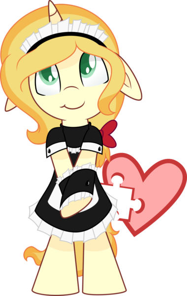 Size: 1024x1618 | Tagged: safe, artist:daydreamsyndrom, derpibooru import, oc, oc:vive, unofficial characters only, pony, unicorn, bipedal, bow, clothes, cuffs (clothes), cute, cutie mark, cutie mark background, floppy ears, french maid, hair bow, heart, maid, simple background, smiling, solo, transparent background