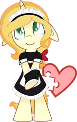 Size: 1024x1618 | Tagged: safe, artist:daydreamsyndrom, derpibooru import, oc, oc:vive, unofficial characters only, pony, unicorn, bipedal, bow, clothes, cuffs (clothes), cute, cutie mark, cutie mark background, floppy ears, french maid, hair bow, heart, maid, simple background, smiling, solo, transparent background