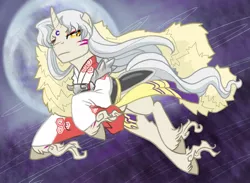 Size: 1222x893 | Tagged: safe, artist:vertrev, derpibooru import, ponified, pony, armor, clothes, flying, frown, inuyasha, kimono (clothing), looking at you, moon, night, sesshomaru, sesshoumaru, solo, unshorn fetlocks