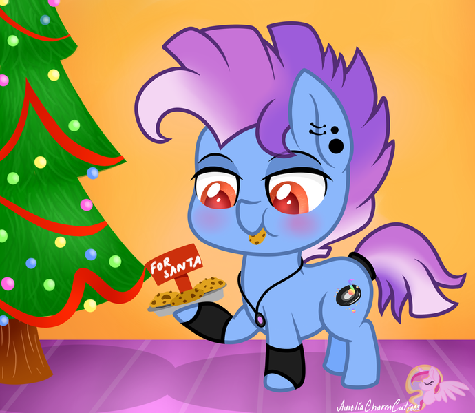 Size: 1024x890 | Tagged: safe, artist:raspberrystudios, derpibooru import, oc, unofficial characters only, earth pony, pony, chibi, christmas, christmas tree, cookie, ear stretchers, food, hearth's warming, holiday, jewelry, necklace, piercing, santa claus, secret santa, solo, stallion small pone, tree