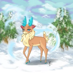 Size: 1000x1000 | Tagged: safe, artist:pallasmercury, derpibooru import, velvet reindeer, deer, reindeer, them's fightin' herds, community related, looking at you, scenery, signature, snow, solo, tree, wavy mouth