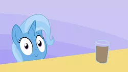 Size: 1920x1080 | Tagged: safe, derpibooru import, trixie, pony, unicorn, :>, chocolate, chocolate milk, everything is ruined, exploitable meme, food, looking at you, meme, milk, pure unfiltered evil, smiling, solo, spilled milk, table, wide eyes