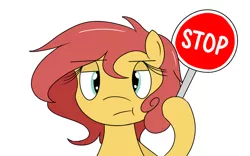 Size: 1280x800 | Tagged: safe, artist:hummingway, derpibooru import, oc, oc:pan pare, unofficial characters only, earth pony, pony, :t, female, frown, it's time to stop, lidded eyes, mare, simple background, solo, stop, stop sign, unamused, white background