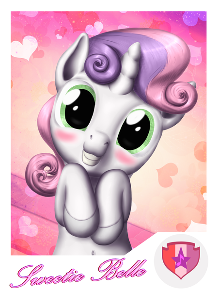 Size: 1200x1600 | Tagged: safe, artist:vasillium, derpibooru import, sweetie belle, pony, unicorn, belly button, blushing, cutie mark, female, filly, grin, looking at you, smiling, solo, the cmc's cutie marks