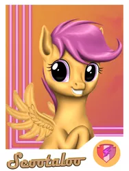 Size: 1500x2000 | Tagged: safe, artist:vasillium, derpibooru import, scootaloo, pegasus, pony, bust, cutie mark, female, filly, grin, portrait, smiling, solo, the cmc's cutie marks