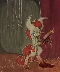 Size: 1956x2351 | Tagged: artist:monochromepony625, blood, blood art, bow (instrument), crying, cutting, derpibooru import, grimdark, oc, oc:pin cushion, performance, self harm, solo, story in the source, traditional art, unofficial characters only