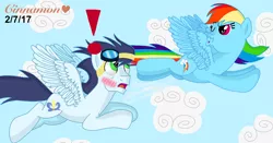 Size: 4096x2150 | Tagged: safe, artist:cinnamon-swirls, derpibooru import, rainbow dash, soarin', pony, absurd resolution, backwards cutie mark, blowing a kiss, blushing, exclamation point, female, flying, looking at each other, male, shipping, soarindash, straight