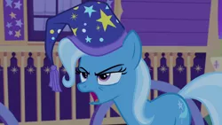 Size: 1280x720 | Tagged: safe, derpibooru import, screencap, trixie, pony, unicorn, to where and back again, angry, female, hat, mare, nightcap, solo, tired, trixie's nightcap
