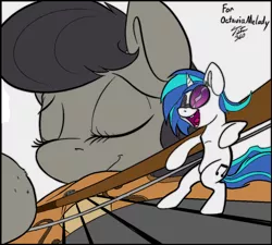 Size: 1024x922 | Tagged: safe, artist:tsitra360, derpibooru import, edit, octavia melody, vinyl scratch, pony, bow (instrument), colored sketch, giant pony, macro, micro, musical instrument, size difference, smiling, violin, violin bow