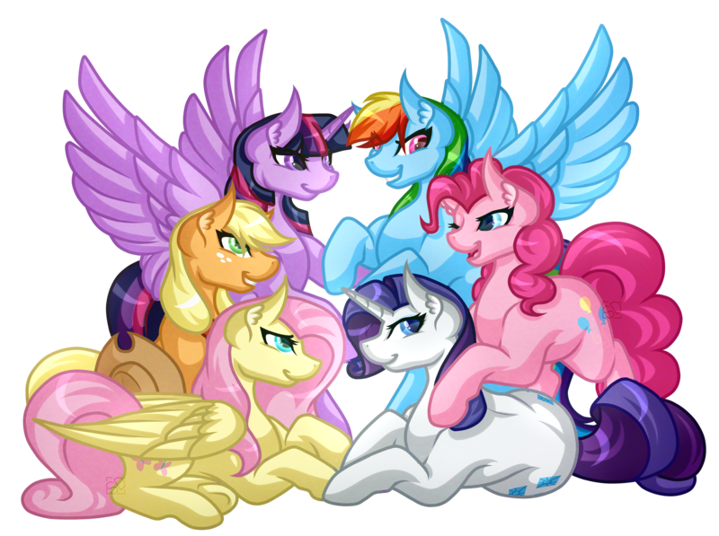 Size: 6700x5000 | Tagged: safe, artist:amazing-artsong, derpibooru import, applejack, fluttershy, pinkie pie, rainbow dash, rarity, twilight sparkle, twilight sparkle (alicorn), alicorn, earth pony, pegasus, pony, unicorn, absurd resolution, applejack's hat, commission, cowboy hat, ear fluff, female, freckles, hat, holding hooves, lying, mane six, mare, one eye closed, open mouth, prone, rearing, simple background, sitting, smiling, spread wings, standing, stetson, transparent background, wings