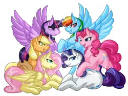 Size: 6700x5000 | Tagged: safe, artist:amazing-artsong, derpibooru import, applejack, fluttershy, pinkie pie, rainbow dash, rarity, twilight sparkle, twilight sparkle (alicorn), alicorn, earth pony, pegasus, pony, unicorn, absurd resolution, applejack's hat, commission, cowboy hat, ear fluff, female, freckles, hat, holding hooves, lying, mane six, mare, one eye closed, open mouth, prone, rearing, simple background, sitting, smiling, spread wings, standing, stetson, transparent background, wings