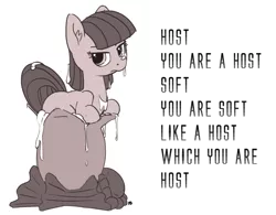 Size: 1000x778 | Tagged: safe, artist:pabbley, derpibooru import, maud pie, earth pony, pony, alien (franchise), crossover, egg, missing accessory, monochrome, poem, simple background, slime, solo, white background