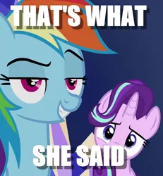 Size: 636x688 | Tagged: caption, derpibooru import, edit, edited screencap, image macro, meme, rainbow dash, reaction image, safe, screencap, smiling, smirk, starlight glimmer, text, that's what she said