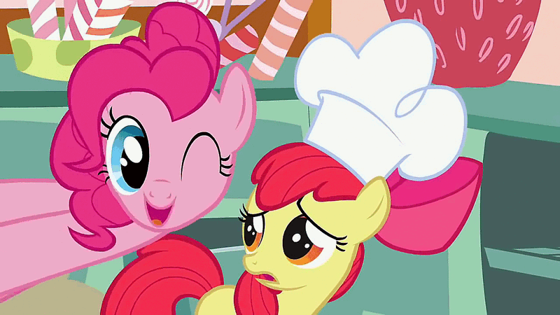 Size: 1280x720 | Tagged: safe, derpibooru import, screencap, apple bloom, pinkie pie, earth pony, pony, call of the cutie, animated, blinking, bouncing, bow, chef's hat, confused, cookie, cute, diapinkes, female, filly, food, gif, hat, looking at each other, loop, mare, one eye closed, open mouth, singing, smiling, sugarcube corner, sugarcube corner (interior), talking, wink