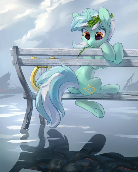 Size: 1000x1241 | Tagged: semi-grimdark, artist:tomatocoup, derpibooru import, lyra heartstrings, pony, unicorn, bench, butt, cheek fluff, creepy, death stranding, dock, doll, female, frog (hoof), looking at something, looking back, looking down, lyre, mare, musical instrument, orpheus, plot, reflection, sitting, solo, toy, underhoof, when you see it