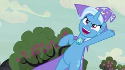 Size: 1280x720 | Tagged: safe, derpibooru import, screencap, trixie, pony, unicorn, to where and back again, cape, clothes, cute, diatrixes, female, flower, hat, mare, open mouth, rearing, solo, tree, trixie's cape, trixie's hat, wizard hat