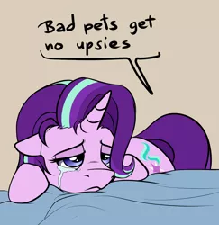 Size: 1096x1129 | Tagged: safe, artist:duop-qoub, derpibooru import, starlight glimmer, pony, unicorn, :<, bad pony, crying, cute, dialogue, female, floppy ears, frown, glimmerbetes, heartbreak, leaning, lidded eyes, mare, moral event horizon, offscreen character, pet glimmer, pony pet, pure unfiltered evil, sad, sadlight glimmer, solo, upsies