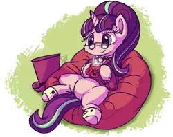 Size: 2732x2160 | Tagged: safe, artist:pirill, derpibooru import, snowfall frost, starlight glimmer, pony, unicorn, a hearth's warming tail, 30 minute art challenge, beanbag chair, belly, chocolate, clothes, cute, female, food, glimmerbetes, hot chocolate, mare, mug, on back, signature, smiling, solo, spectacles