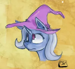 Size: 874x807 | Tagged: safe, artist:post-it, derpibooru import, trixie, pony, unicorn, bust, clothes, colored sketch, female, hat, mare, sketch, solo, trixie's hat