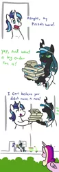 Size: 562x1642 | Tagged: safe, artist:jargon scott, derpibooru import, princess cadance, queen chrysalis, shining armor, alicorn, changeling, pony, unicorn, bush, cadance's pizza delivery, comic, competition, dialogue, eyes closed, food, lidded eyes, open mouth, pizza, question mark, smiling, vespa