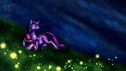 Size: 1600x900 | Tagged: artist:veeveetherpernartist, book, derpibooru import, firefly (insect), grass, insect, looking up, meadow, night, prone, safe, solo, stars, twilight sparkle