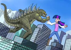 Size: 3508x2480 | Tagged: artist:zenzmurfy, building, city, clothes, derpibooru import, female, giantess, godzilla (series), godzilla (tristar), handshake, human, humanized, kaiju, macro, pants, safe, signature, twilight sparkle