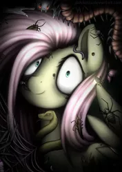 Size: 1024x1448 | Tagged: safe, artist:jadekettu, derpibooru import, fluttershy, cockroach, insect, millipede, pegasus, pony, snake, spider, every little thing she does, black background, bug armor, creepy, cricket (insect), dark, fiducia compellia, hypnosis, hypnotized, looking at you, shrunken pupils, simple background, smiling, solo, spider web, wide eyes