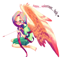 Size: 1920x1920 | Tagged: safe, artist:halem1991, derpibooru import, fluttershy, human, equestria girls, arrow, barefoot, blue streak, blushing, bow (weapon), bow and arrow, clothes, colored pupils, cupid, dress, eye clipping through hair, eyelashes, feet, female, heart, heart eyes, holiday, humanized, kneeling, large wings, lidded eyes, open mouth, simple background, smiling, solo, spread wings, text, transparent background, valentine's day, weapon, wing fluff, wingding eyes, winged humanization, wings