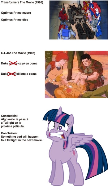 Size: 3732x6425 | Tagged: semi-grimdark, artist:davidsfire, derpibooru import, edit, twilight sparkle, twilight sparkle (alicorn), alicorn, pony, absurd resolution, death, duke, duke (gi joe), fan theory, g.i. joe, gi joe the movie, insane fan theory, movie, movie scene, optimus prime, prediction, scared, spanish, the transformers: the movie, theory, transformers, vector