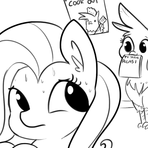 Size: 792x792 | Tagged: safe, artist:tjpones, derpibooru import, fluttershy, gilda, gryphon, pegasus, pony, birb, chef's hat, cute, ear fluff, frown, gildadorable, grayscale, hat, looking back, looking over shoulder, monochrome, mouth hold, nervous, poster, restaurant, simple background, sketch, spatula, sweat, the twilight zone, this will end in tears and/or breakfast, to serve man, white background