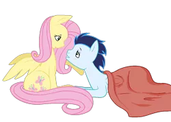 Size: 1308x932 | Tagged: safe, artist:margaretlovez, derpibooru import, fluttershy, soarin', pony, blanket, blushing, eye contact, female, looking at each other, male, prone, shipping, simple background, sitting, soarinshy, straight, transparent background, vector
